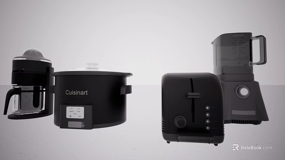 Modern Black Kitchen Daily Electrical Appliances Including Cuisinart Toaster And Food Processor With Sleek Design 3d model 