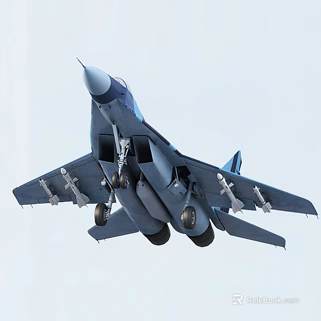 Blue Fighter Jet in Flight with Extended Landing Gear and Weapons 3d model 