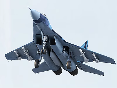 Blue Fighter Jet in Flight with Extended Landing Gear and Weapons 3d model