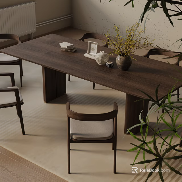 Minimalist Wooden Dining Table Set with Chairs Decorative Vase Frame and Books 3d model 