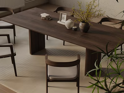 Minimalist Wooden Dining Table Set with Chairs Decorative Vase Frame and Books 3d model