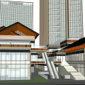 Commercial Street With Modern High Rise Buildings Traditional Wooden Structures Tiger Logo And Crowd Activities