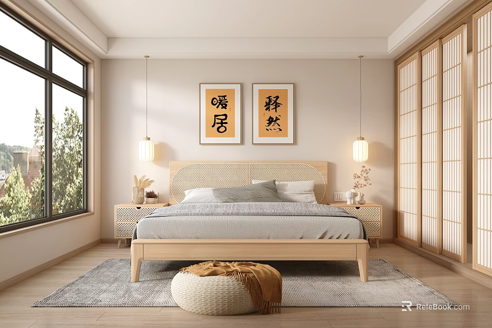 Serene Bedroom Interior With Wooden Bed Woven Headboard Shoji Doors And Natural Light 3d model 