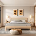 Serene Bedroom Interior With Wooden Bed Woven Headboard Shoji Doors And Natural Light