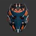 Futuristic Mechanical Helmet Blue Orange And White With Geometric Patterns And Circular Accents