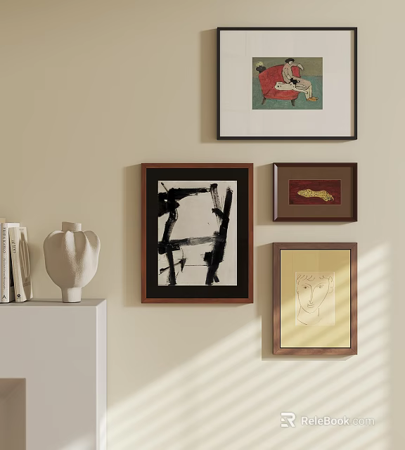 Abstract Painting Hanging on Wall in Modern Interior with White Cabinet and Vase 3d model 
