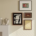 Abstract Painting Hanging on Wall in Modern Interior with White Cabinet and Vase