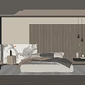 Modern Bedroom Interior Design With Wooden Wall Panel Marble Headboard And Hanging Pendant Lights