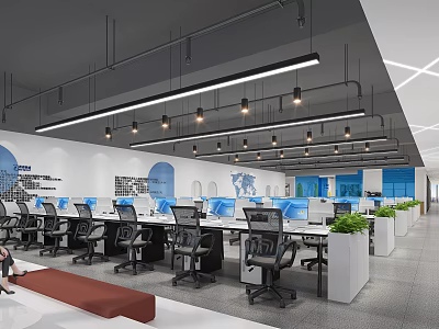 Modern Open Public Office Interior Design With Workstations Computers And Green Plants 3d model