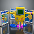 Yellow Handheld Game Console With Green Screen Blue Cards Pink Feet And Surrounding Boxes