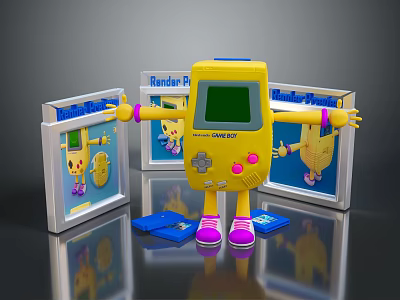 Yellow Handheld Game Console With Green Screen Blue Cards Pink Feet And Surrounding Boxes 3d model