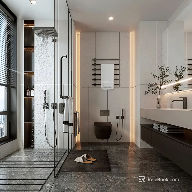 Modern Bathroom Interior Design With Glass Shower Wall Mounted Toilet And Vanity Storage 3d model 
