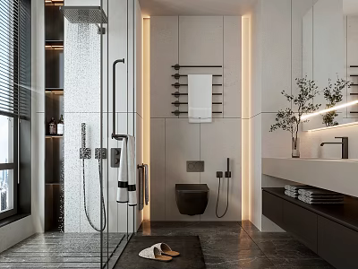 Modern Bathroom Interior Design With Glass Shower Wall Mounted Toilet And Vanity Storage 3d model