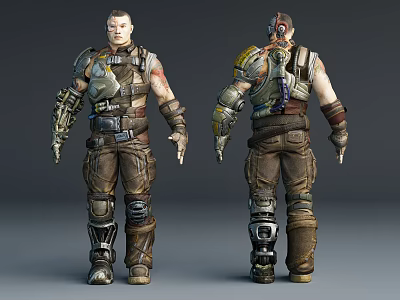 Game Movie Character in Worn Combat Gear With Mechanical Arm and Protective Armor 3d model