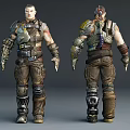 Game Movie Character in Worn Combat Gear With Mechanical Arm and Protective Armor