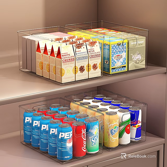 Neatly Arranged Drinks In Transparent Storage Bins With Cartons And Cans 3d model 
