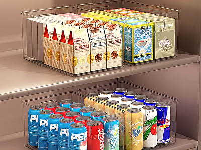 Neatly Arranged Drinks In Transparent Storage Bins With Cartons And Cans 3d model