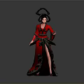Woman In Red Ancient Style Costume With Gold Decorations Slit Skirt And Elaborate Headdress
