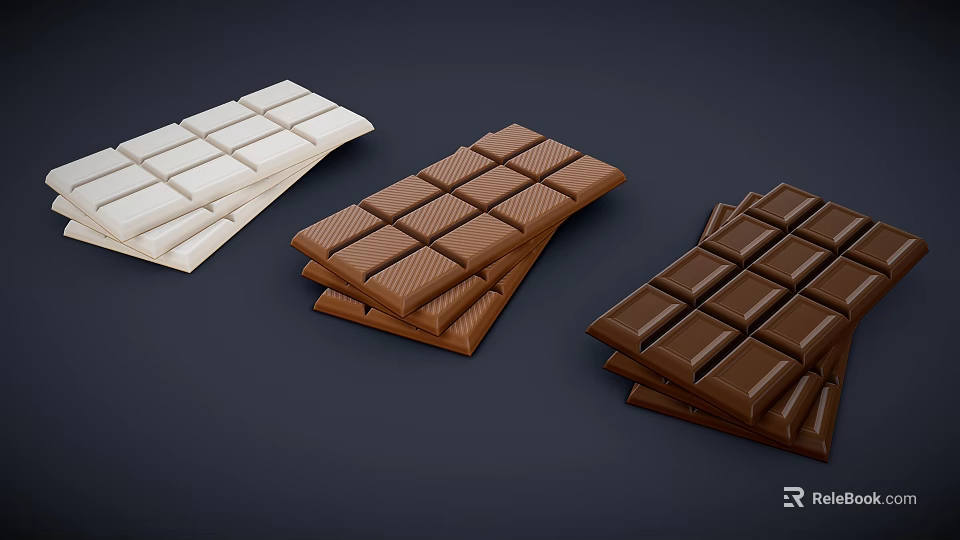 White Milk and Dark Chocolate Bars with Square Grid Design Stacked on Dark Background 3d model 