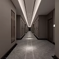 Modern Hotel Corridor with Marble Flooring Wooden Doors and Ceiling Strip Lights