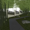 Bamboo Grove Landscape Design With Curved Path Grass Rocks Fence And Lights