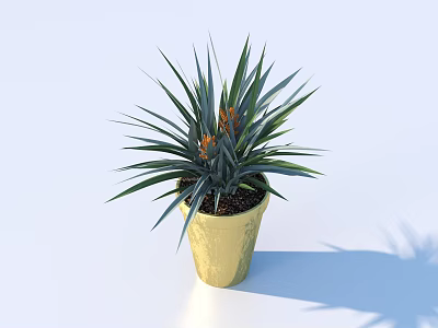 Decorative Bonsai Potted Plant With Green Long Leaves And Orange Flowers In Golden Pot 3d model