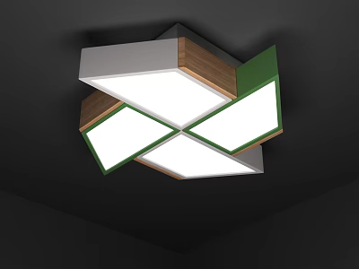 Modern Ceiling Light With Geometric Design White Light Panels Green Borders And Wooden Accents 3d model