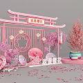 Romantic Cherry Blossom Decorative Pavilion With Pink Lanterns Umbrellas And Trees