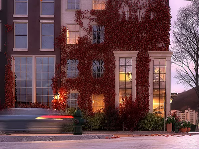 Elegant Swing Door On Building Facade With Red Ivy And Evening Street Lamp 3d model