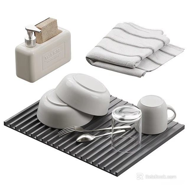 White Tableware Set With Bowls Mugs Glasses Fork Spoon And Gray Drying Mat 3d model