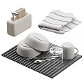 White Tableware Set With Bowls Mugs Glasses Fork Spoon And Gray Drying Mat 3d model
