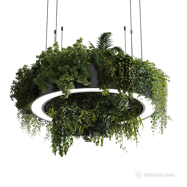 Modern Circular Chandelier Hanging With Lush Green Plants And Natural Foliage 3d model 
