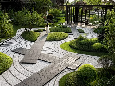Elegant Residential Landscape with Curved Stone Pathway Neatly Trimmed Hedges and Covered Patio Area 3d model