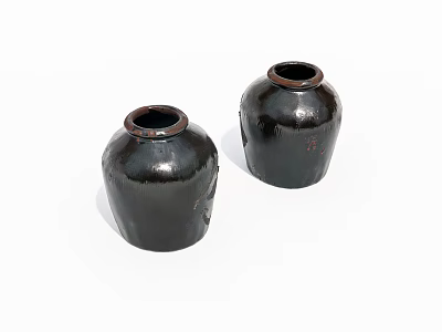 Two Black Ceramic Jars With Brown Rims For Home Decor 3d model