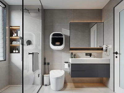 Modern Bathroom Interior With Grey Tiles Glass Shower Toilet Sink Mirror And Cabinets 3d model