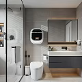 Modern Bathroom Interior With Grey Tiles Glass Shower Toilet Sink Mirror And Cabinets