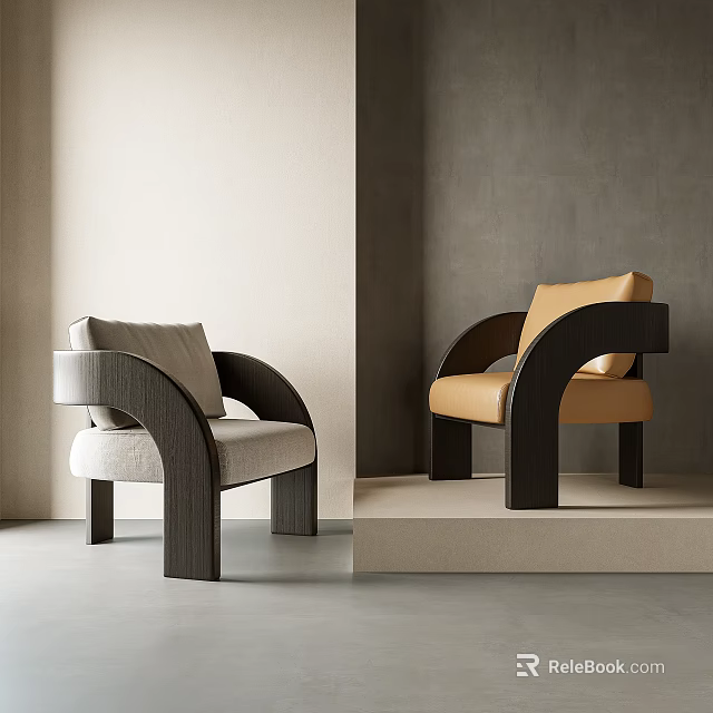 Modern Single Chairs With Light Gray And Tan Upholstery And Wooden Frames In Minimalist Interior 3d model 