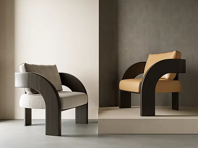 Modern Single Chairs With Light Gray And Tan Upholstery And Wooden Frames In Minimalist Interior 3d model