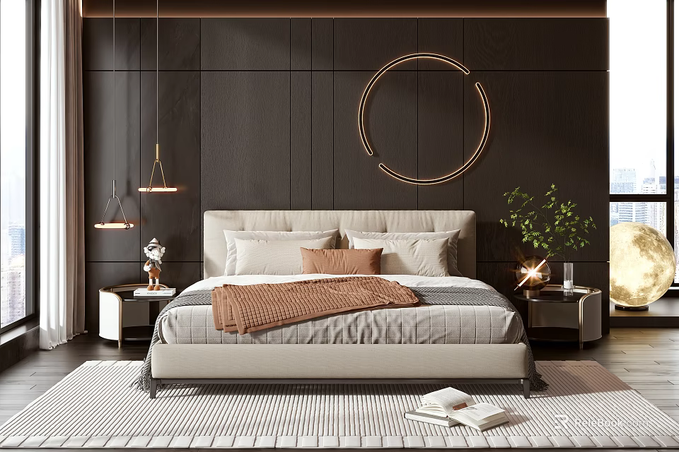 Modern Bedroom With Dark Wall Circular Metal Decor Light Colored Bed Pillows And Green Plant 3d model 