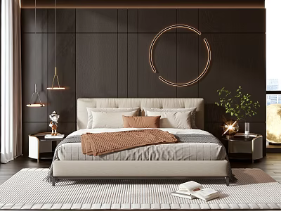 Modern Bedroom With Dark Wall Circular Metal Decor Light Colored Bed Pillows And Green Plant 3d model