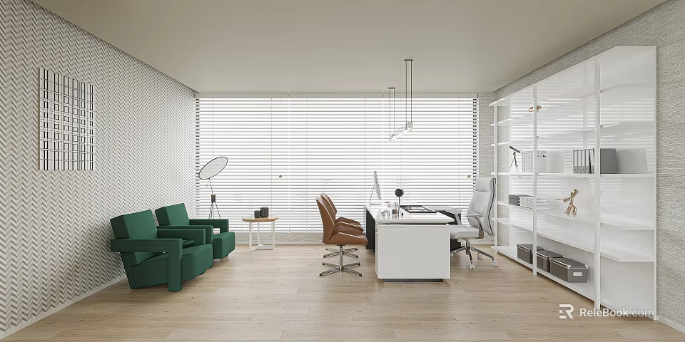 Modern Office Interior With Green Sofas Desk Chairs Blinds Bookshelves And Wooden Floor 3d model 