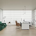 Modern Office Interior With Green Sofas Desk Chairs Blinds Bookshelves And Wooden Floor