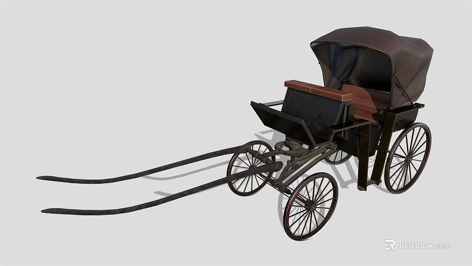 Elegant Vintage Horse Carriage with Black Canopy Brown Seats and Spoked Wheels 3d model 
