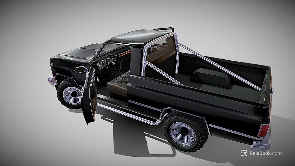 Black Classic Pickup Truck With Open Door Interior Seats And Alloy Wheels 3d model 