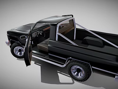 Black Classic Pickup Truck With Open Door Interior Seats And Alloy Wheels 3d model