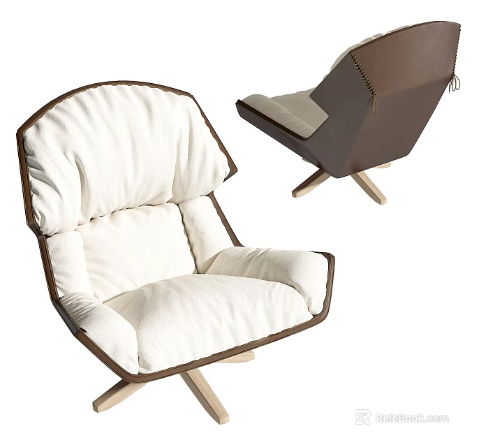 Modern Single Sofa With Plush White Cushion Brown Frame And Wooden Legs 3d model 