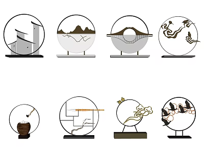 Modern Decorative Ornament Set With Circular Design And Natural Landscape Motifs For Home Decor 3d model