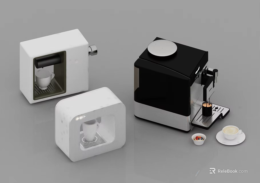 Modern Stylish Kitchen Appliances In White And Black Design With Coffee Cups And Accessories 3d model 