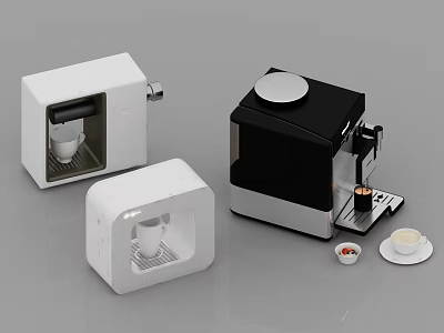 Modern Stylish Kitchen Appliances In White And Black Design With Coffee Cups And Accessories 3d model