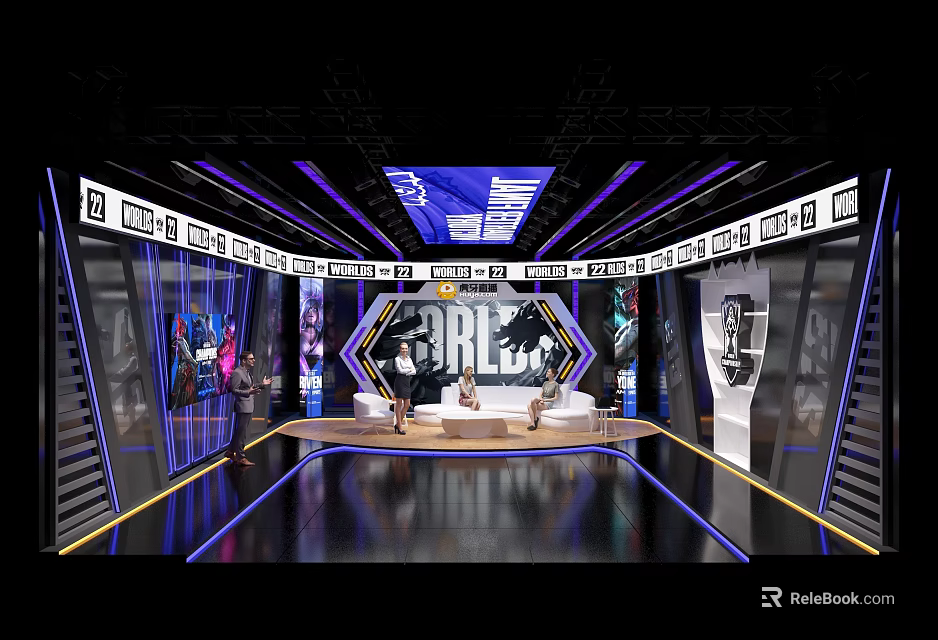 Modern Public Office Space Interior With Sofa Seating LED Lighting And Display Screens 3d model 